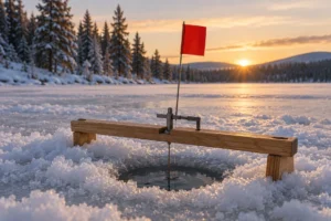 Generic rail-style tip-up across an ice-fishing hole at dawn; editorial illustration.