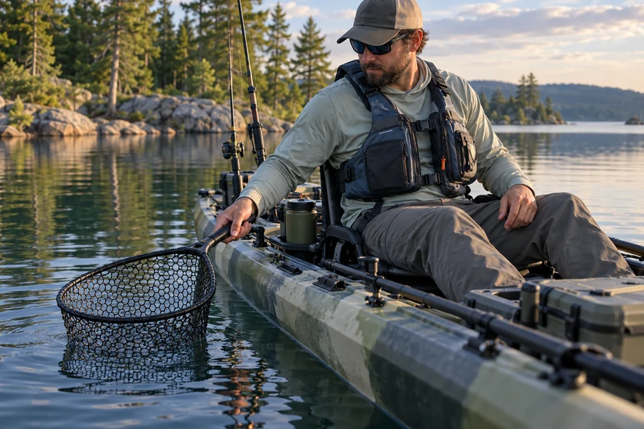 Seated angler in a life jacket reaching a generic net beside a fishing kayak; editorial illustration.
