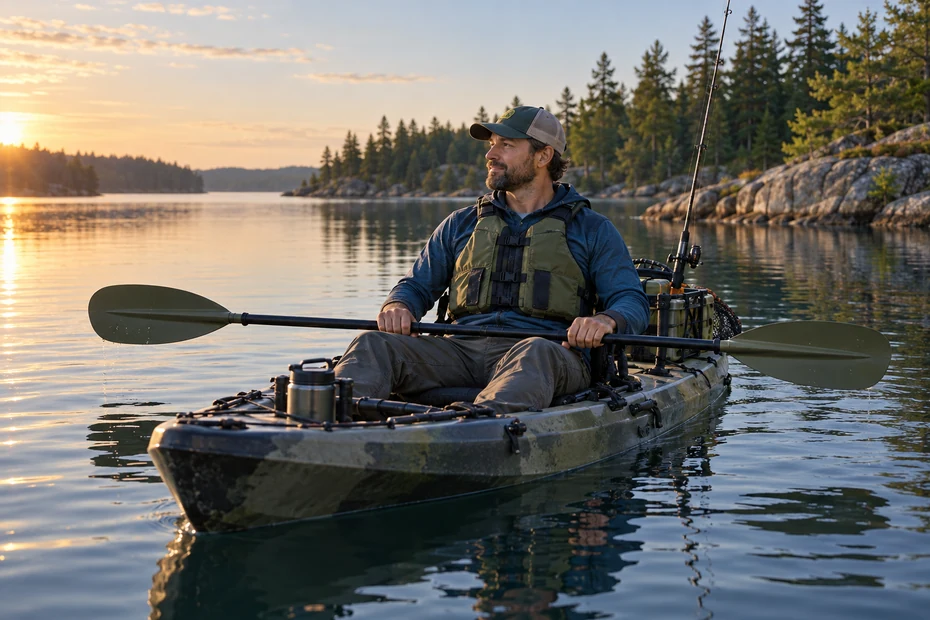 Angler in a life jacket with an unbranded double-bladed paddle across a fishing kayak; editorial illustration.