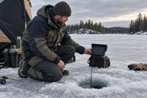 Angler beside an ice hole with a generic underwater viewing monitor; editorial illustration.