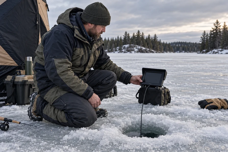 Angler beside an ice hole with a generic underwater viewing monitor; editorial illustration.