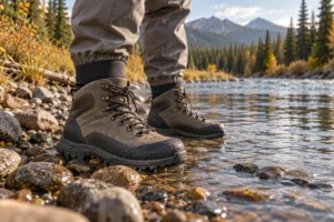 Unbranded wading boots and stockingfoot waders at a shallow riverbank; editorial illustration.