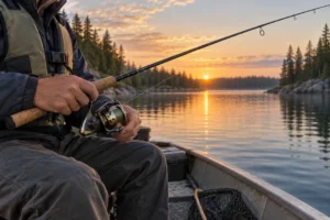 Angler in a life jacket with a generic spinning rod on an open-water lake; editorial illustration.