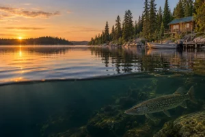 Northern pike below a boreal lake with a timber fishing cabin and dock
