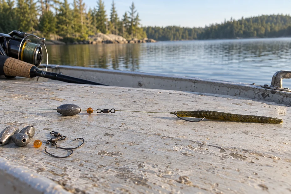 Carolina rig tackle arranged on a boat beside a forested freshwater lake