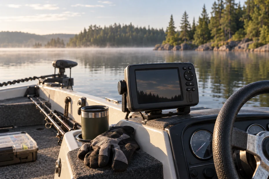 A generic fish finder console beside a forested freshwater lake