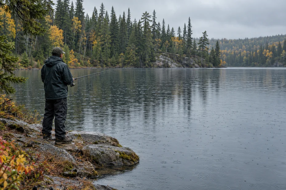 Generic Canadian forest lake in light rain with a shore angler; generated editorial scene, not a verified location or safety demonstration.