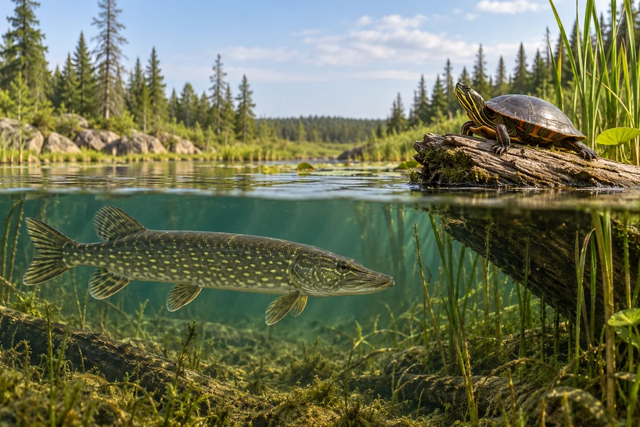A northern pike underwater and a separate painted turtle on a log in a Canadian-style wetland