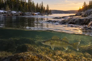 Free-swimming walleye below a spring Canadian Shield shoreline