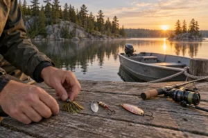 Selecting fishing lures beside a Canadian-style Shield lake