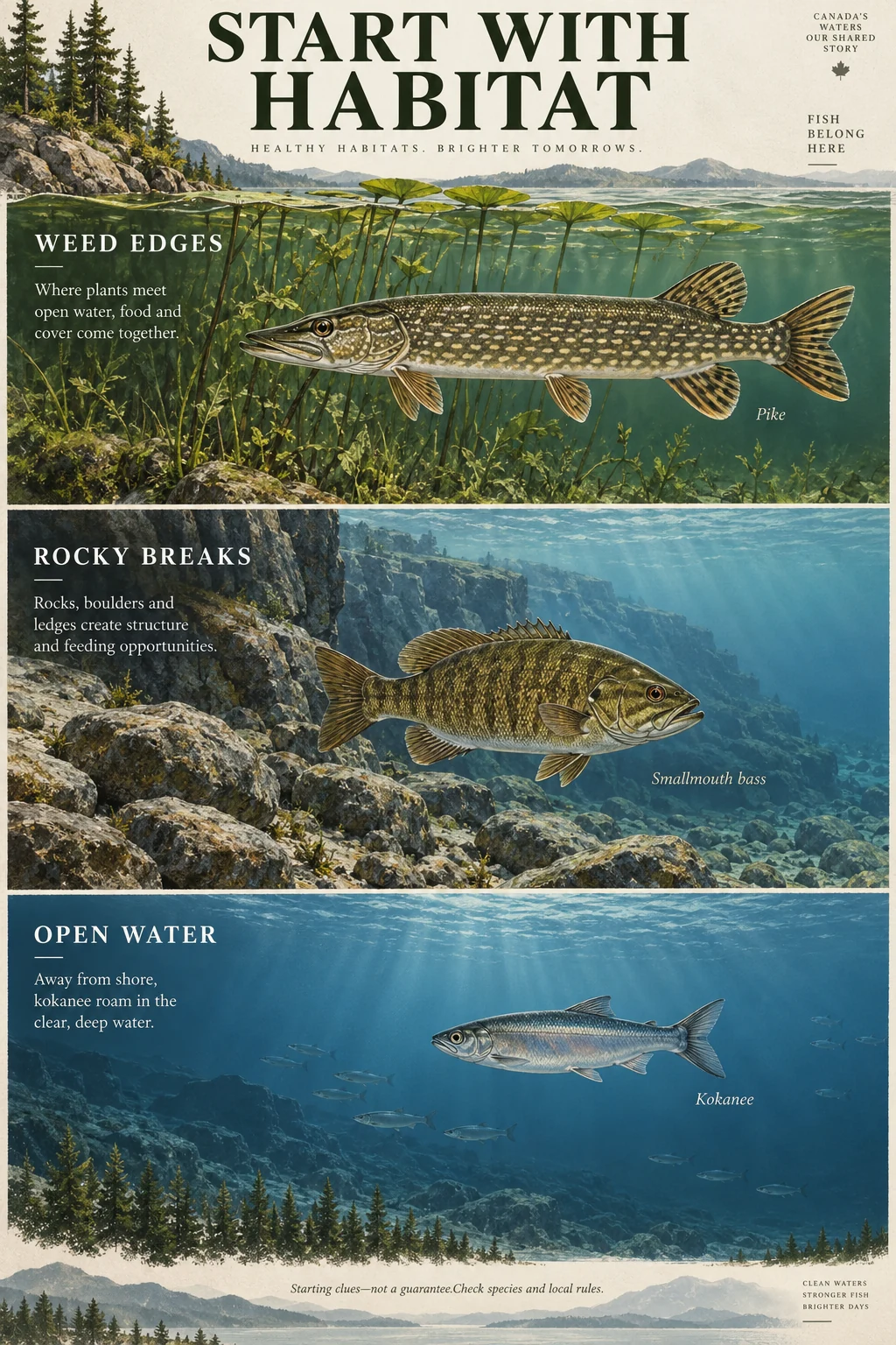 Illustrated weed-edge pike, rocky-break smallmouth bass and open-water kokanee habitats