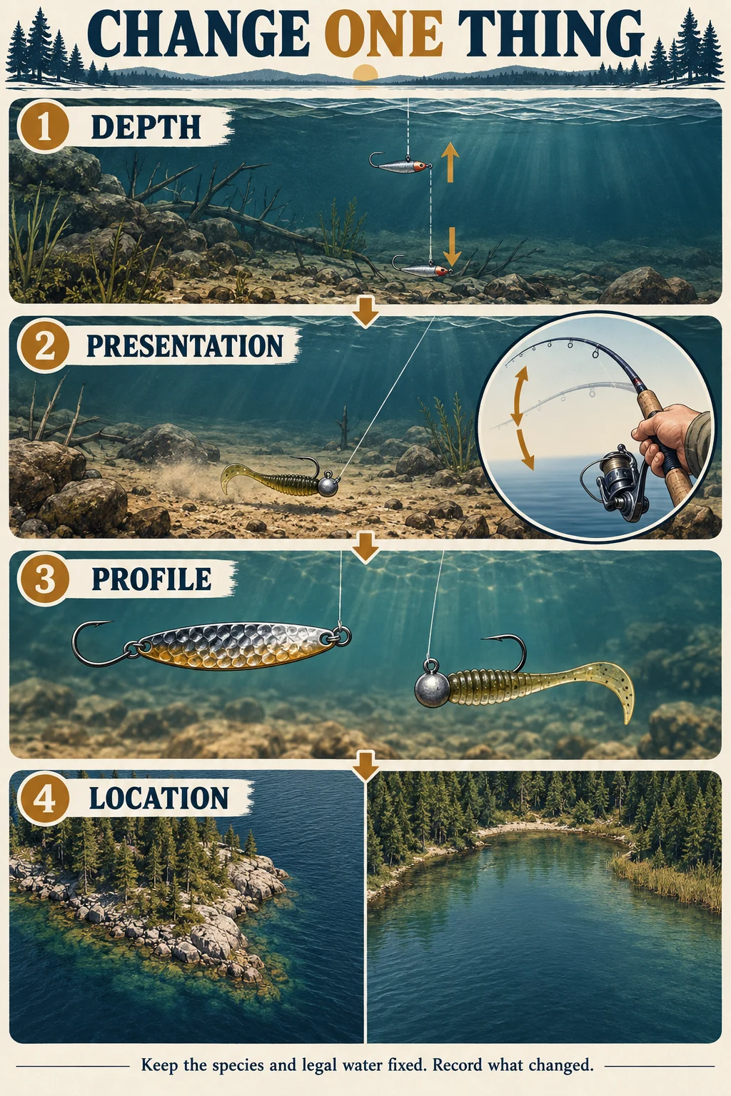 Change one fishing variable: depth, presentation, profile or location