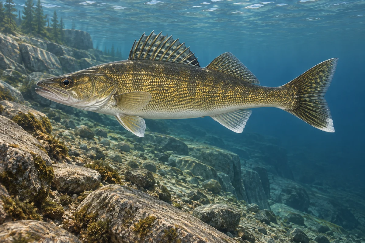 Walleye beside a submerged rocky slope