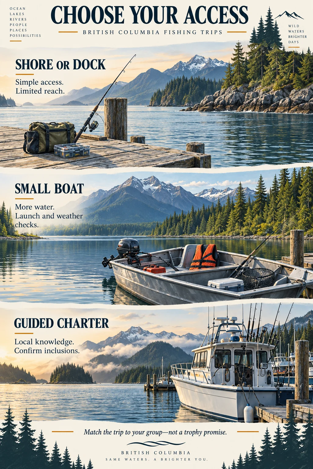 Compare shore or dock fishing, small boats and guided charters