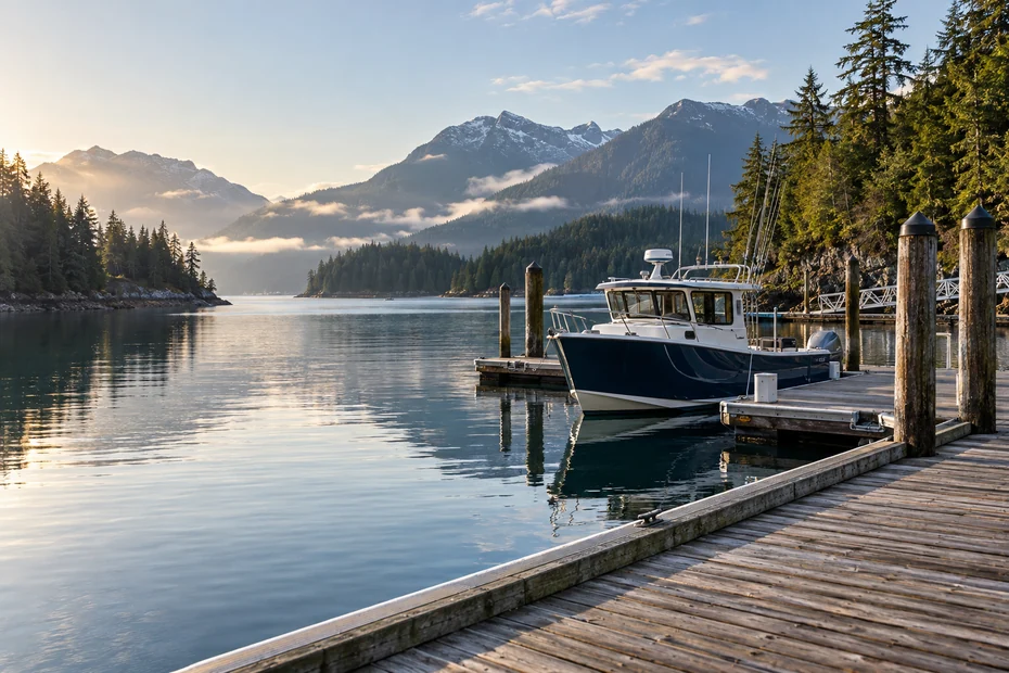 A generic fishing boat at a forested British Columbia-style coastal marina
