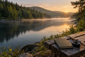 Fly rod and notebook beside a wooded New Brunswick-style river