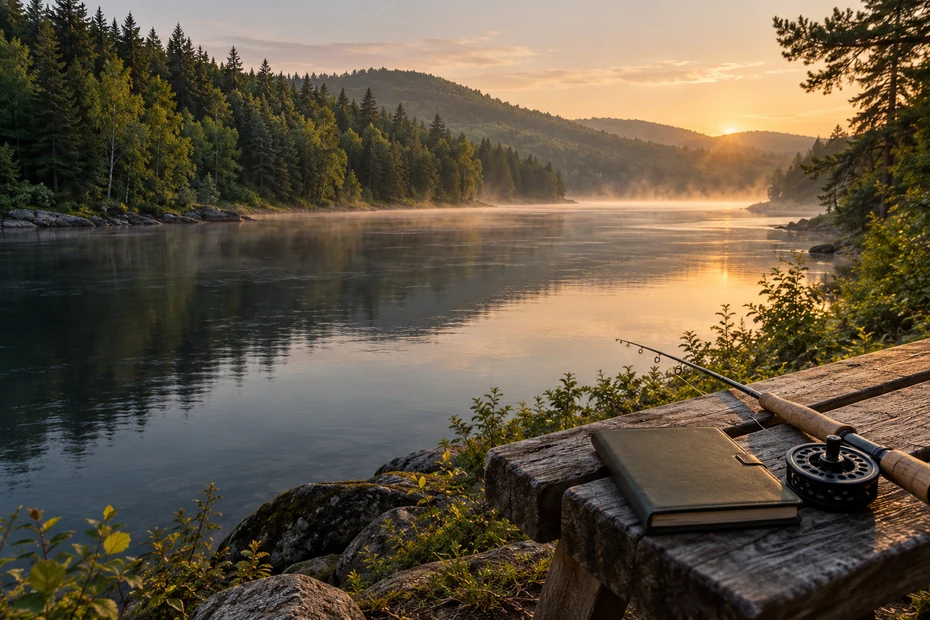 Fly rod and notebook beside a wooded New Brunswick-style river