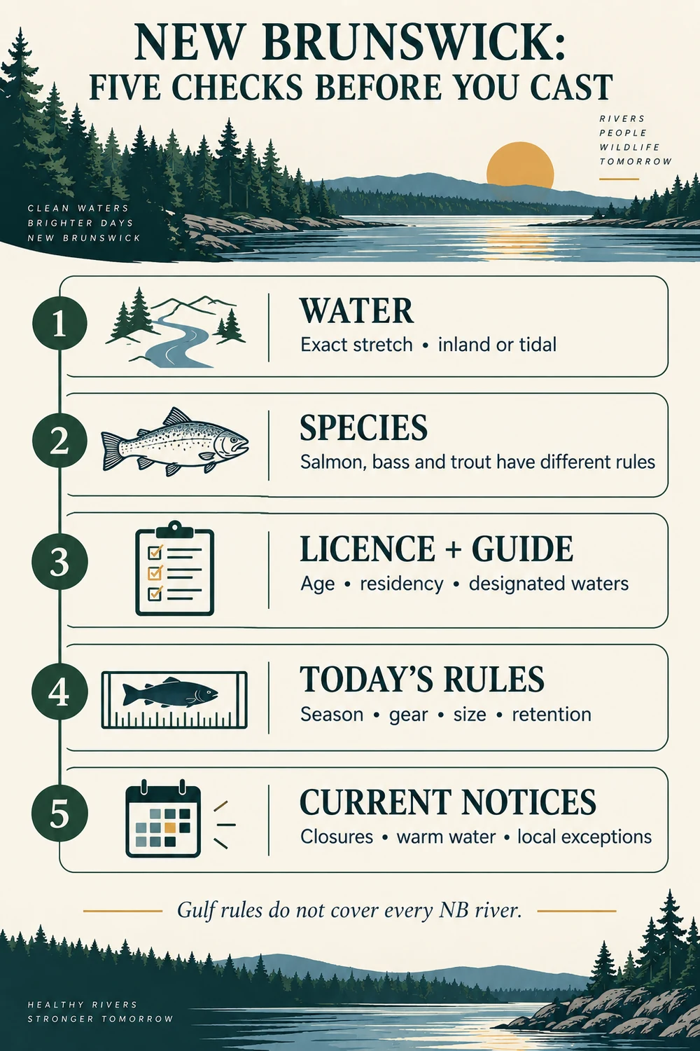 Five New Brunswick fishing checks: water, species, licence and guide, rules and notices