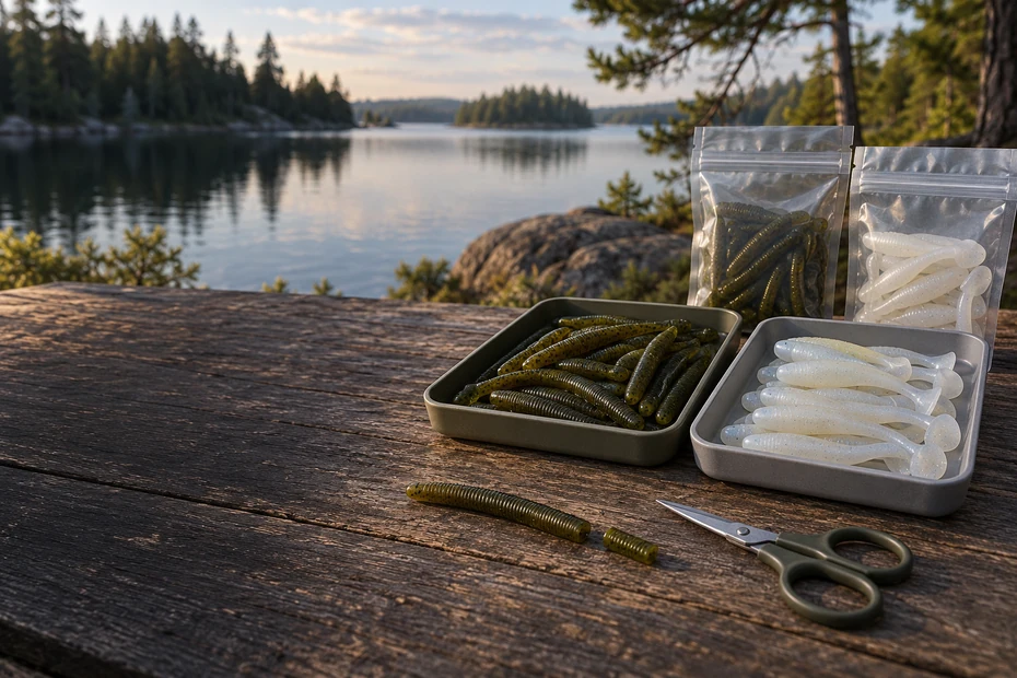 Separated soft baits, packets and a cold-trimmed worm on a lakeside tackle bench
