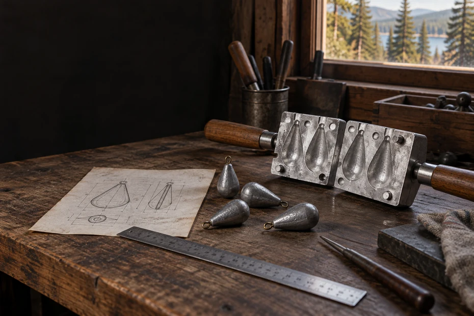 Generic dry sinker-design bench with a metal mold, solid weights and a paper pattern