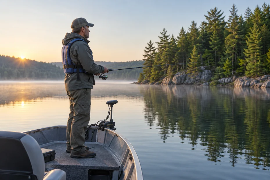 One angler wearing flotation equipment and fishing one rod from an aluminum boat on a generic forest lake