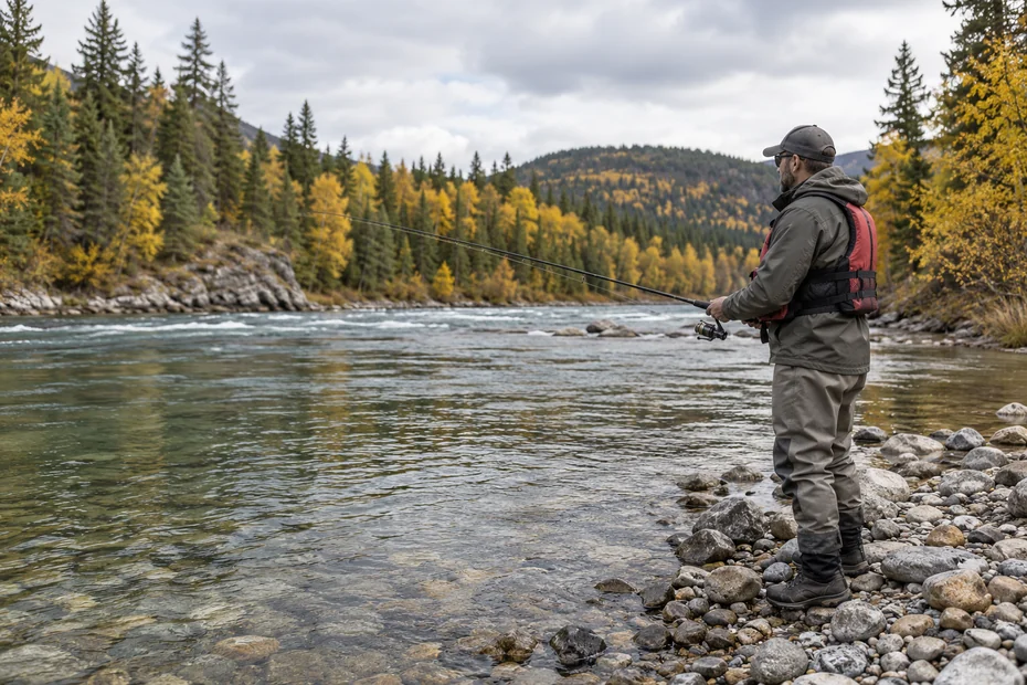 Angler wearing flotation equipment and watching a river seam from a shallow gravel bank