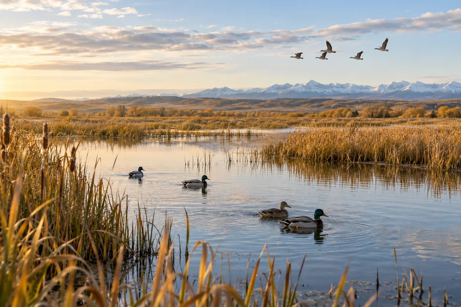 Mallards on an autumn wetland with geese in the distance; generated generic Canadian habitat, not a verified destination.
