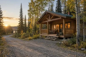 Generated illustration of an imagined timber lodge by an aspen and spruce forest in Alberta; not a named property