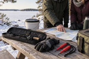 Illustrated beginner ice-fishing preparation on the snowy shore: guide pointing to a route map beside borrowed equipment.