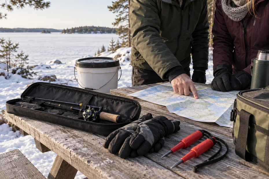 Illustrated beginner ice-fishing preparation on the snowy shore: guide pointing to a route map beside borrowed equipment.