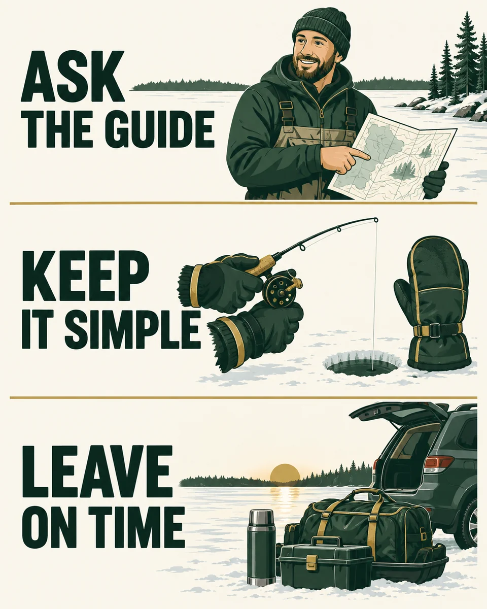 Three beginner ice-fishing reminders: ask the guide, keep the tackle simple and leave on time.
