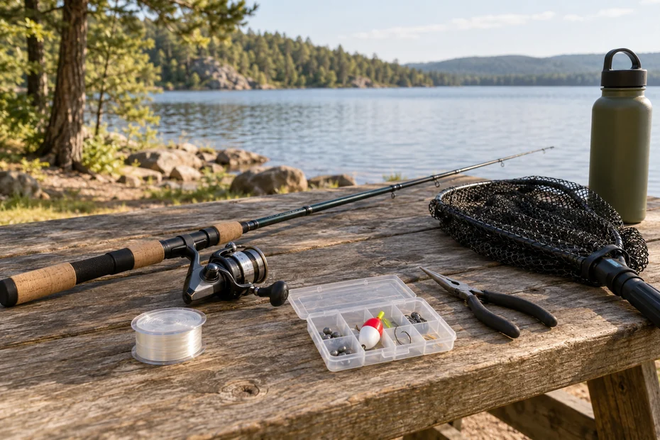 Illustrated generic freshwater shore kit: spinning rod and reel, monofilament, small tackle box, pliers and landing net.