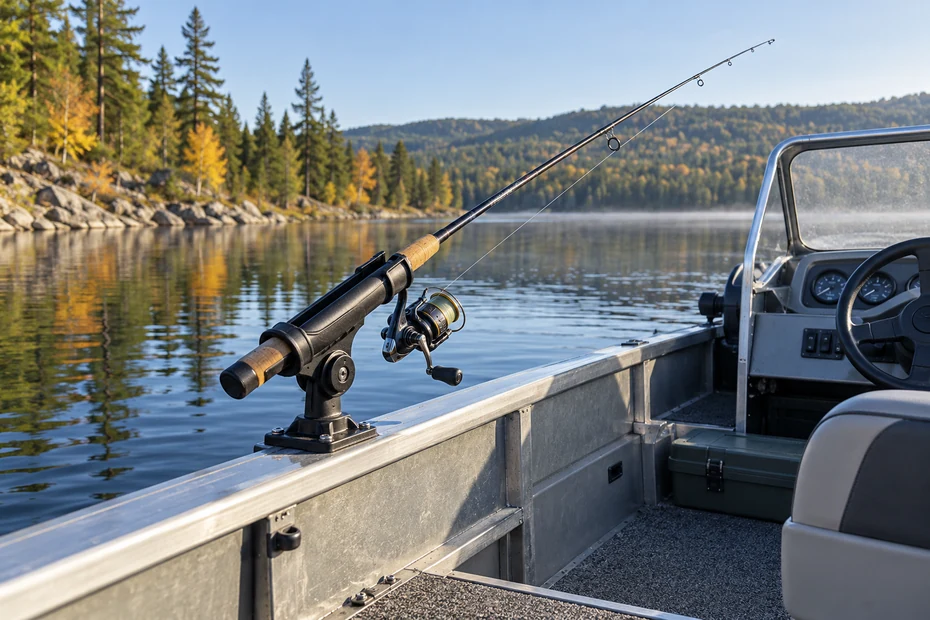 A rod holder and spinning outfit on an aluminum boat beside a forested Canadian lake.