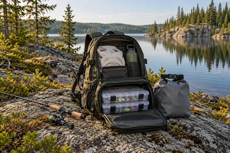Unbranded open tackle backpack and dry bag beside a Canadian forest lake, editorial illustration
