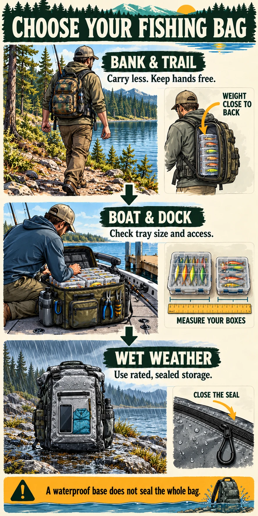 Illustrated fishing bag decision guide comparing bank and trail carrying, boat tackle access and sealed wet-weather storage