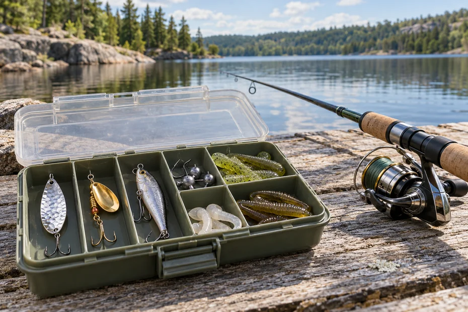 Open tackle box with generic spoons, spinner, minnow plug and jig components beside a Canadian lake, AI-assisted editorial illustration