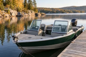 Unbranded aluminum fishing boat with a walk-through windshield moored beside a dock on a calm forested lake.