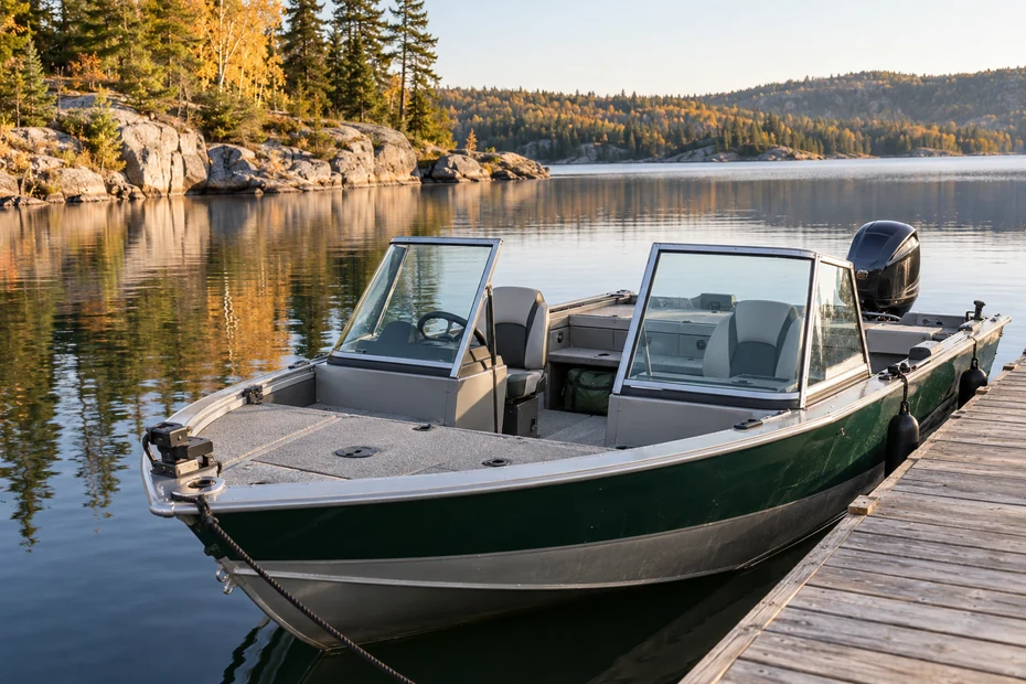 Unbranded aluminum fishing boat with a walk-through windshield moored beside a dock on a calm forested lake.