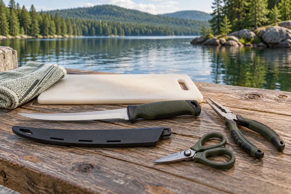 Unbranded fillet knife with sheath, fishing pliers and line scissors beside a clean board at a Canadian lake, AI-assisted editorial illustration