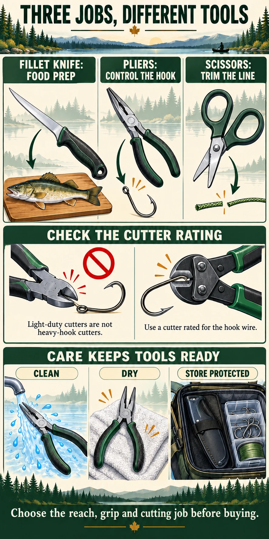 Illustrated fishing tool guide separating fillet knife, pliers and line scissors, cutter capacity and protected clean dry storage