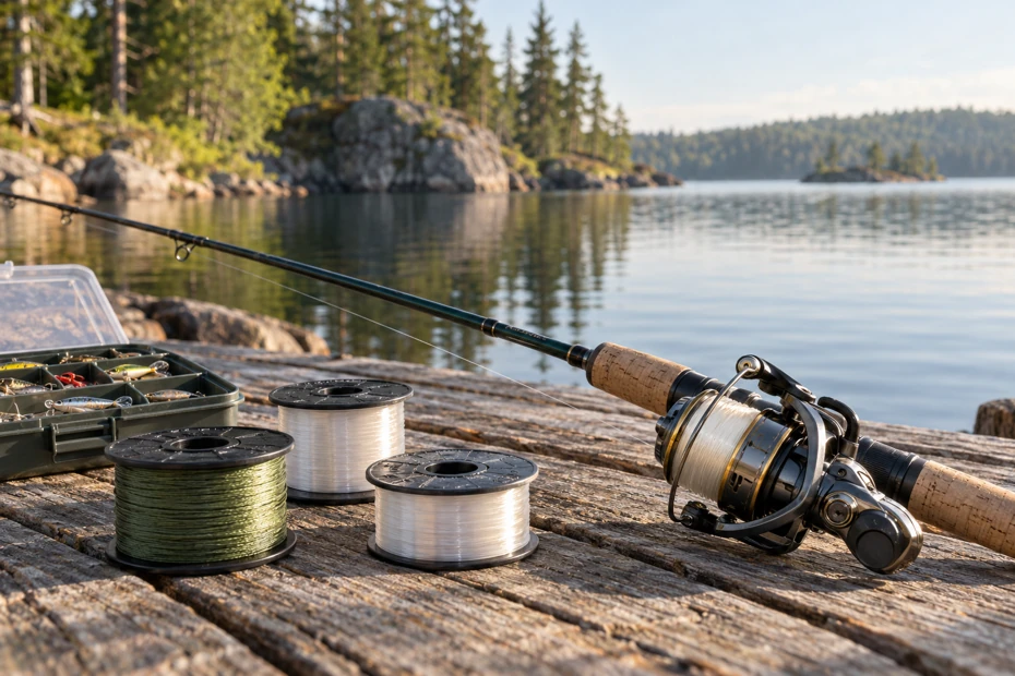 Editorial illustration of three unbranded fishing-line spools and a spinning outfit on a dock beside a Canadian Shield-style lake
