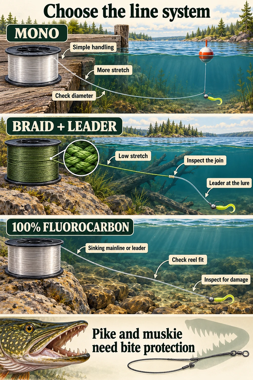 Illustrated fishing-line systems: nylon mono for simple handling, braided mainline joined to a leader, sinking fluorocarbon and a separate tooth-protection warning