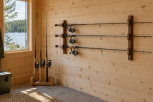 Dry cabin and garage fishing corner with rod storage and room between the reels.