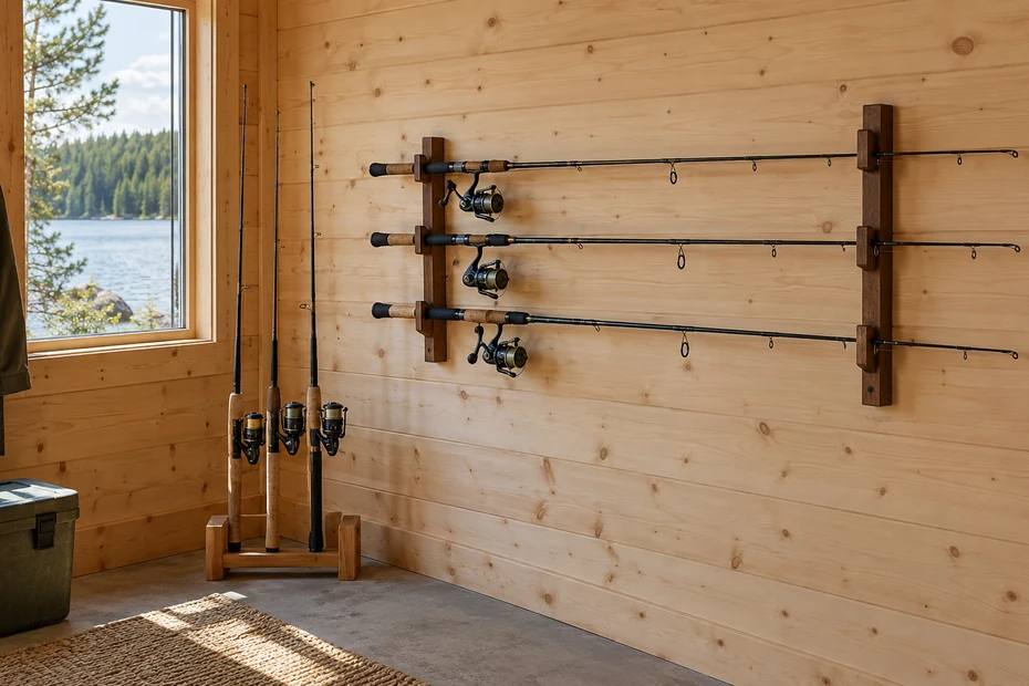 Dry cabin and garage fishing corner with rod storage and room between the reels.