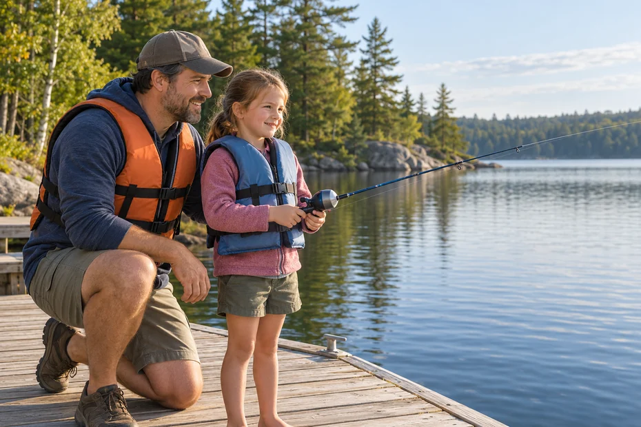 Parent and child wearing lifejackets with a short fishing rod on a Canadian lakeside dock