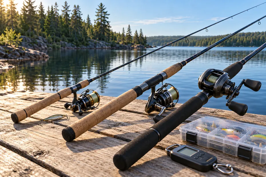 Three unbranded spinning and casting outfits on a Canadian lakeside dock, AI-assisted editorial illustration