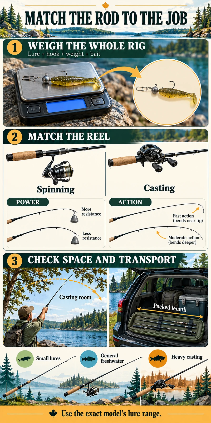 Illustrated rod selection process: weigh the complete rig, match spinning or casting reel, then check casting room and packed length