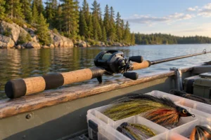 Muskie fishing tackle and a long casting rod beside a Canadian lakeside boat