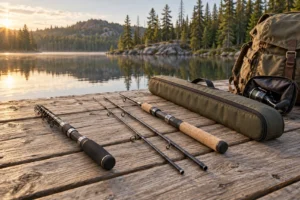 Compact telescopic and separate multi-piece fishing rods beside a travel case on a lakeside dock.