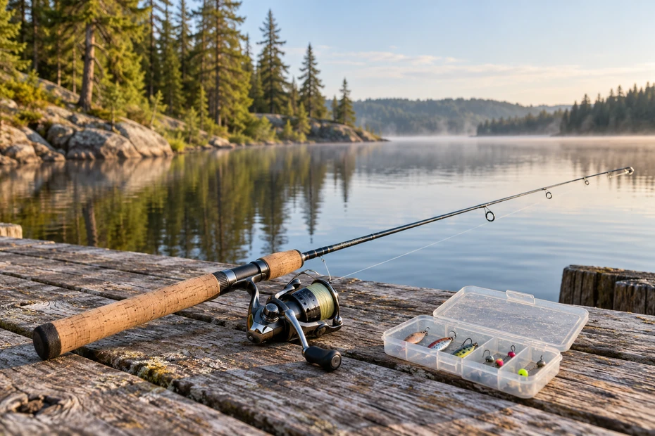 Ultralight spinning outfit beside a small Canadian freshwater lake